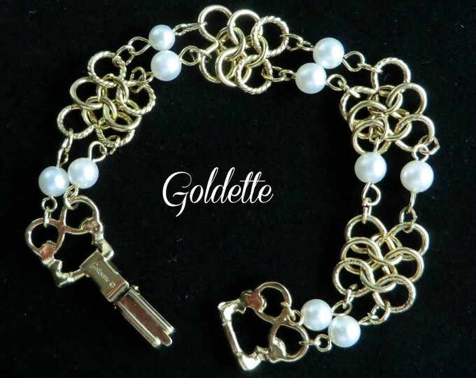 Goldette Bracelet, Vintage Faux Pearl, Gold Tone Link Bracelet, Gift for Her