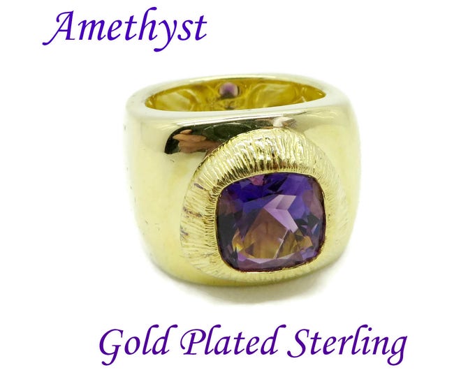 Amethyst Ring - Vintage Gold Plated Sterling Silver Chunky Wide Band Ring, February Birthstone, Size 8, Gift for Her