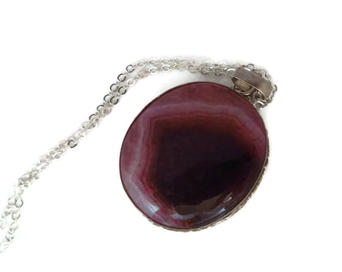 Rhodochrosite Pendant, Sterling Silver Necklace , Vintage Gemstone Pendant, 16 inch Necklace, Gift for Her