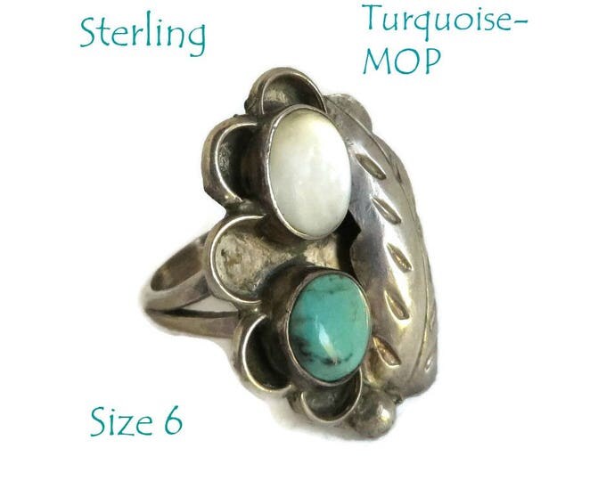 Sterling Silver Ring, Turquoise & MOP Ring, Navajo Feather Ring, Vintage Native American Jewelry, Statement Ring, Gift for Her, Size 6