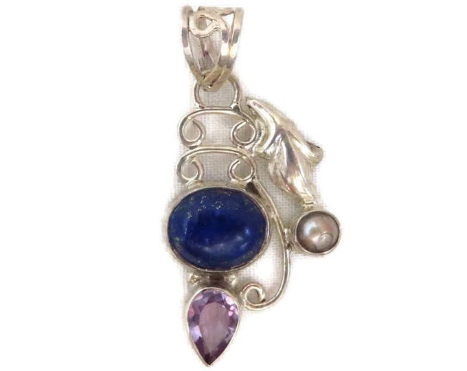 Sterling Silver Pendant - Lapis, Amethyst, Pearl Pendant, Vintage Necklace, Perfect Gift, Gift Box