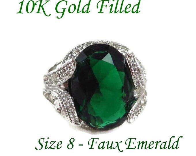 Gold Filled - Faux Emerald Statement Ring, Vintage 10KT White Gold Filled Ring, Size 8, Perfect Gift, Gift Box