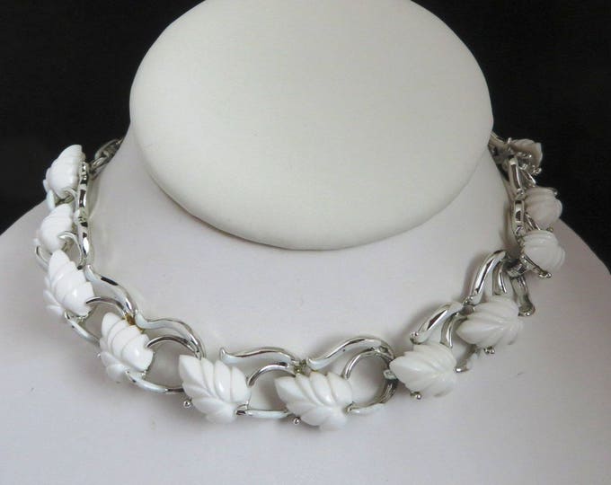 White Leaf Necklace, Vintage Signed Star Silver Tone Choker, Gift for Her, Gift Box