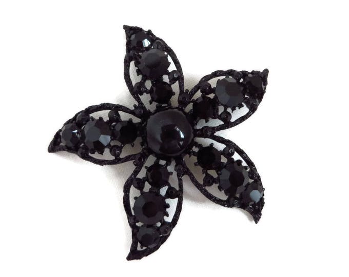 Weiss Mourning Brooch - Jet Black Glass, Rhinestone Flower Pin, Signed Designer Brooch