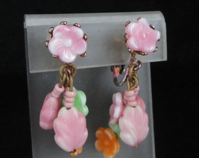 Pink Flower Dangling Earrings - Vintage Lucite Floral Clip-on Earrings