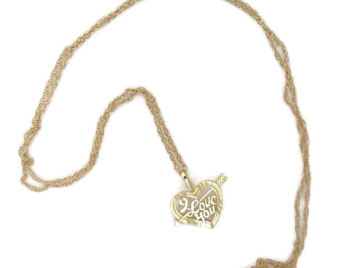 14K Gold Heart Pendant Necklace, Vintage "I Love You" Heart Pendant, 18" Chain Necklace