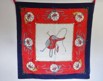 Vintage French Scarf equestrian Horse saddle blue red white Modes et Travaux