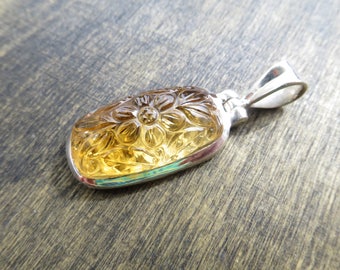 Engraved citrine pendant CGA4 sterling silver yellow gemstone natural flower carved handmade pendant present Chritmas gift for her crystal