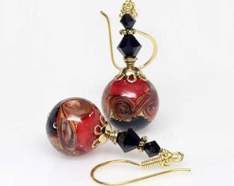 Red Black Venetian Murano Lampwork Glass Earrings, Murano Glass Earrings, Gold, Italian Artisan, Dangle, Earrings, Elandra Designs