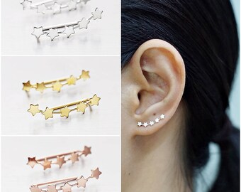 925 Sterling Silver Ear Climbers, Ear Cuff Earrings, Gold Plated, Rose Gold Plated Earrings, Star Earrings, Earrings Pins (Code : EC78)