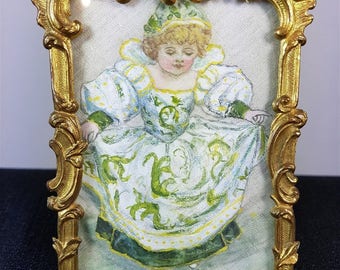Antique Original Miniature Oil Painting on Silk Little Girl Portrait in Gold Metal Frame