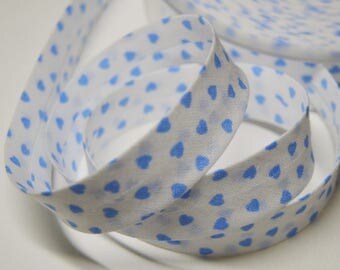 Sewing bias folded 2cm blue background heart pattern cotton white (m) ref: BIAI02