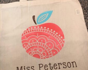 Apple mandala teacher tote bag back to school