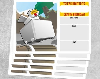 5 x BIRTHDAY INVITATIONS - Chicken Cart - Minecraft themed