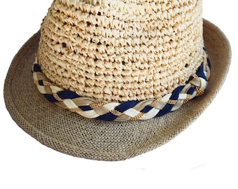Navy, camel and ivory straw hat