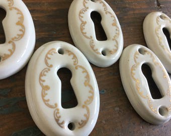 Set of Vintage porcelain escutcheon plate, keyhole cover