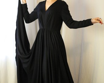 1970s black nylon jersey maxi floor length evening dress