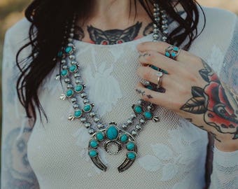 70s Squash Blossom Necklace Faux Turquoise bohemian Jewelry | Navajo Silver Tribal Boho Chunky Naja Necklace