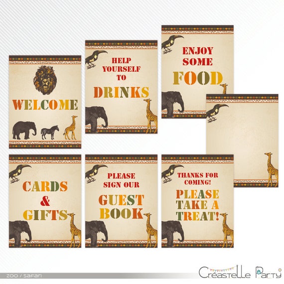 Vintage jungle safari party sign set zoo printable signs