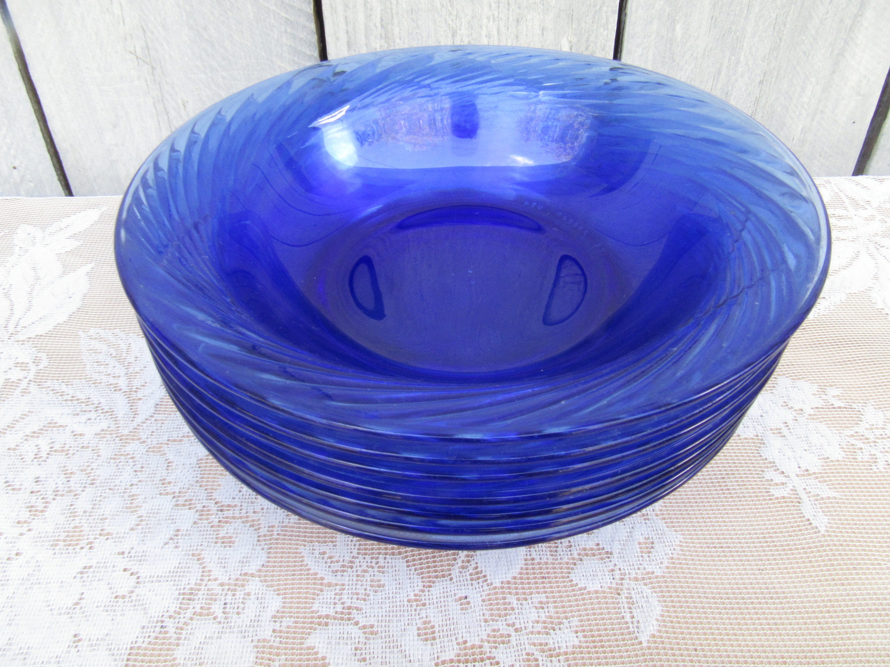 Pyrex Cobalt Blue Glass Salad Bowls Vintage Swirl Festiva