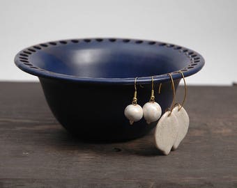 Pottery earring organizer, pottery earring holder, jewelry dish, ceramic earring bowl, cobalt blue