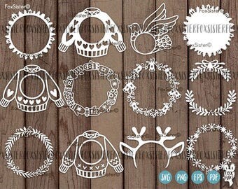 Christmas Monogram SVG Bundle! 12 Blank Circle Wreath Frames | Papercut Template | deer sweater bells holly | New Year | Cricut | Home Decor