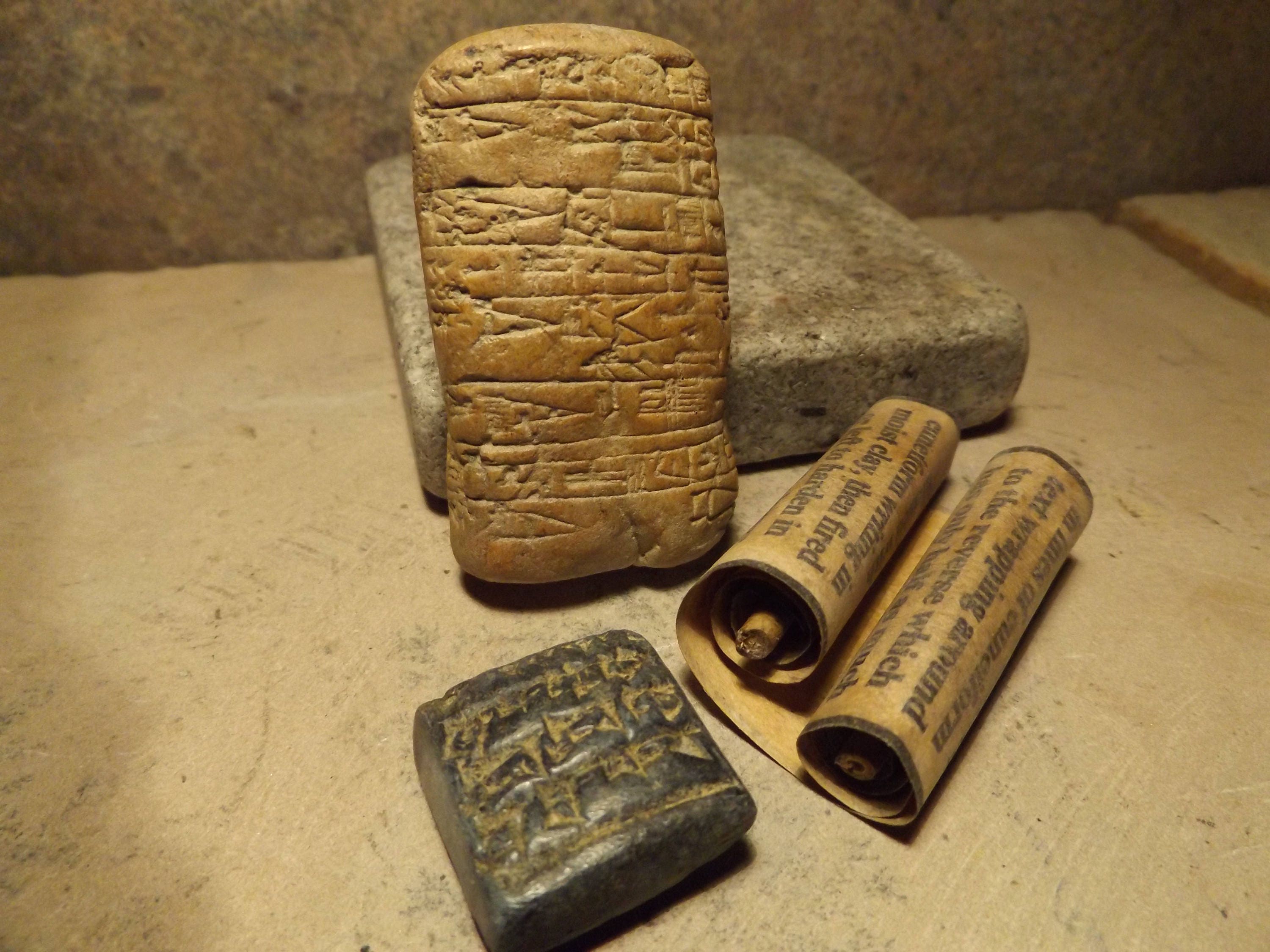 Sumerian cuneiform writing tablets - replica set. Ancient writing of ...