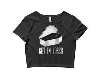 pastel goth, nu goth, crop top, goth clothing, black shirt, get In loser, gothic shirt, dark humor, tattoo coffin, lowbrow, punk, outsider