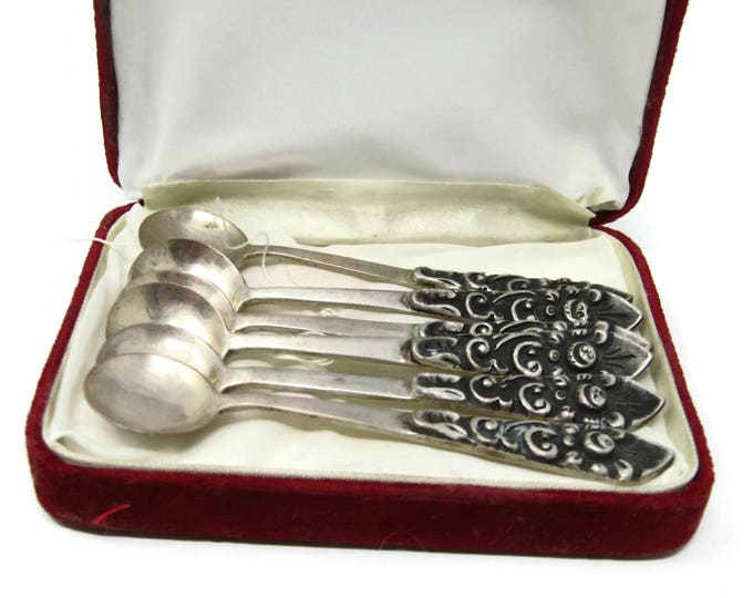 Sterling Silver Mustard Condiment Spoons - Set of 6 Continental European Salt Spoons - Vintage Cutlery 800 Grade Sterling Silver