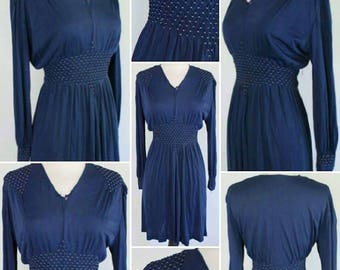 FLASH SALE****1940s Navy Blue Silk Jersey Evening Dress with Balloon Sleeves and Smocked Shoulders and Waist!