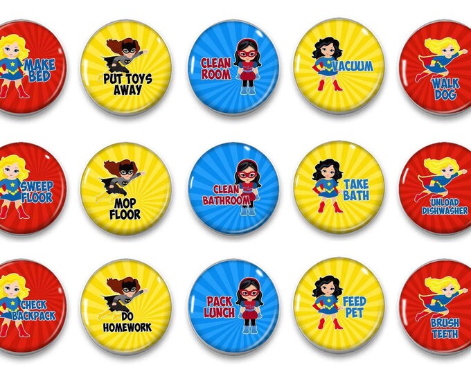 Superhero Chore Magnets - Chore Chart Magnets - Kids Jobs - Girl Power - Super girl - Wonder Woman - Responsibility - Red - Yellow - Blue