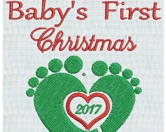 50 percent OFF Baby's First Christmas, Baby Feet, Heart, 2017, Baby Designs Holiday 2 sizes Pes Format Instant Download