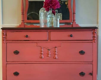 Dresser with mirror, shabby cottage furniture, coral