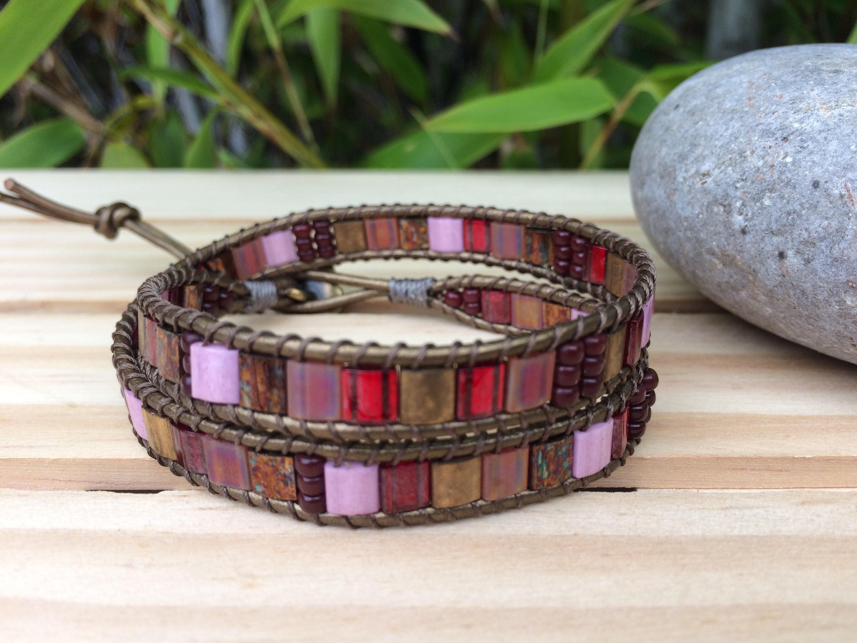 Double Wrap Bracelet Miyuki Tila Bracelet Leather Beaded