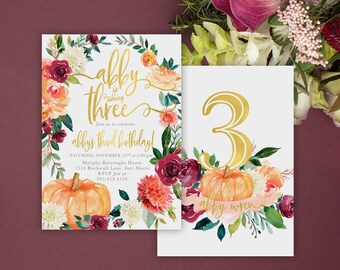 Fall Birthday Invitation, Any Age Girl Pumpkin Birthday Invitation: Autumn Fall Florals, Burgundy, Blush - Invite - Printed Printable, 7