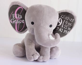 Birth Stat Elephant, Birth Stat Animal, Birth Stat Gift, Stuffed Elephant, Baby Shower Gift, Baby Girl Gift, Baby Boy Gift, Personalized
