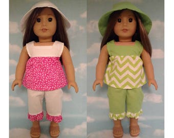 18 inch Girl Doll Clothing, handmade to fit like American Girl Doll clothes (Capri Set Top Pants Hat) cs-655ab