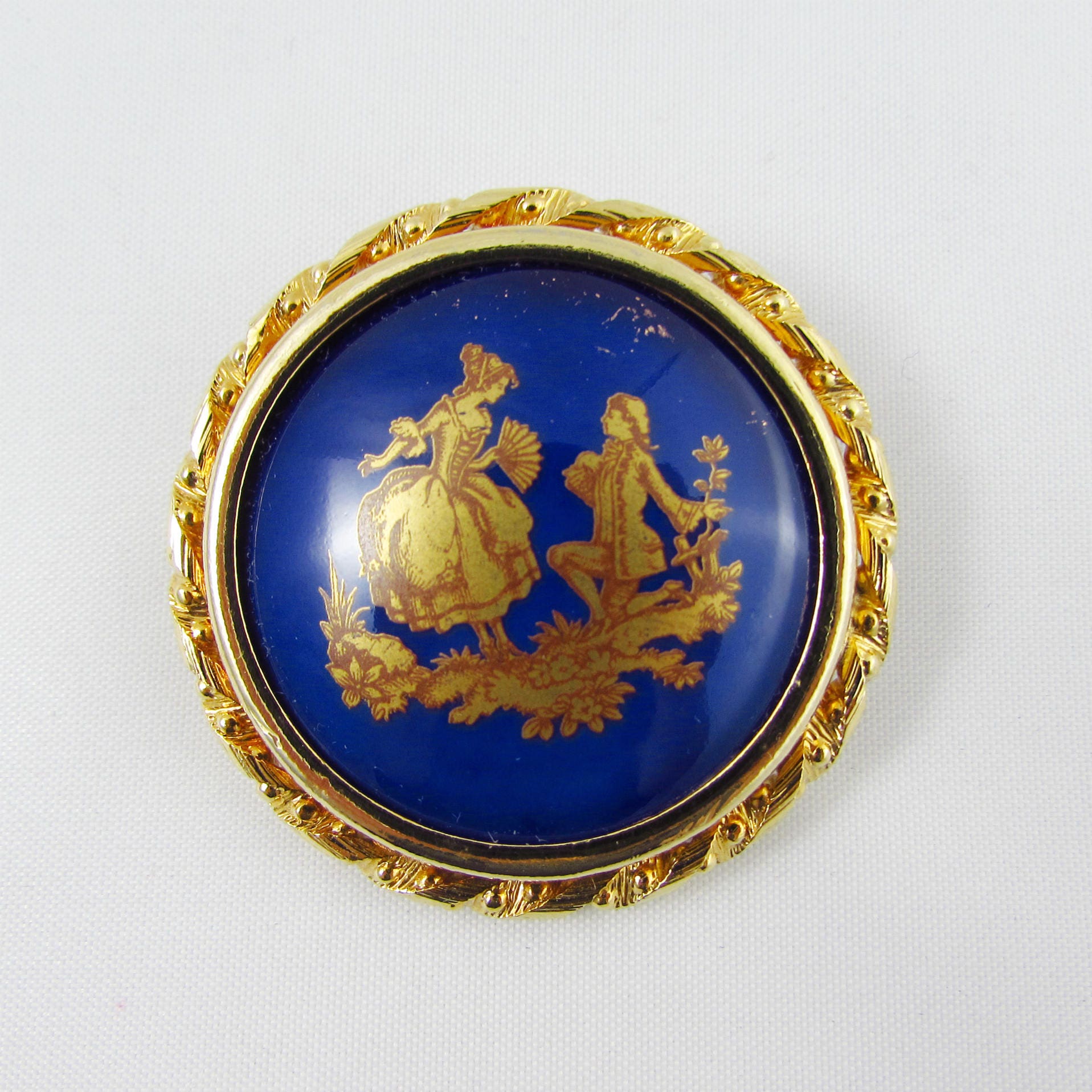 Limoges Brooch Cobalt Blue with Courting Couple Gold Color