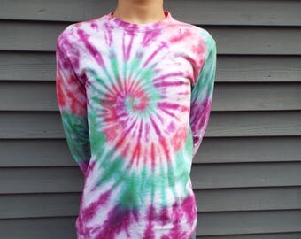 Long Sleeve Tie-Dye Shirt, adult Small Long-Sleeve TieDye Tee, Womens Tie Dye, Teens, Hippie, Boho, Retro