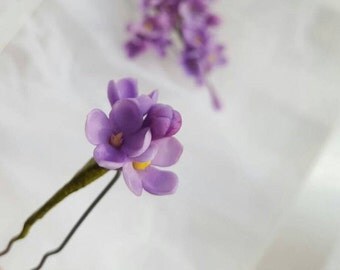 Lilac flowers hair pin Bridal Floral hair accessory Cold porcelain flower Rustic wedding Bridesmaid hair pin Boho floral Little flower