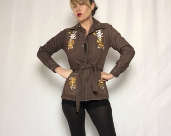 Vintage 1970's Brown Embroidered Mexican Jacket | Button Up | Mustard Yellow Flowers | Boho