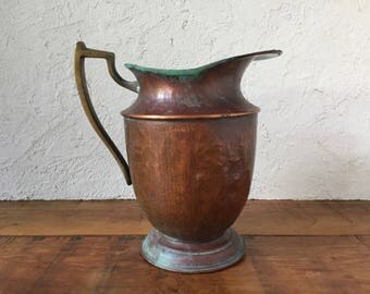 Vintage Copper Pitcher, Farmhouse Water Pitcher, Brass, Copper, Heavy Patina