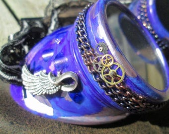 Beautiful Hand Stained Marbled Purple Icharus Wing Steampunk Cosplay Goggles with Chain and Lace Straps