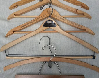 lot wood hangers,6, vintage wood hangers, antique hangers, clother hangers, vintage clothes hangers, advertsising hangers