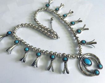 Vintage Navajo Sterling Silver Squash Blossom Necklace Stamped Bell Trading Company 160 grams