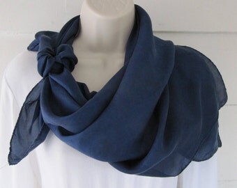 Indigo-dyed square habotai silk scarf, 35 x 35 inches