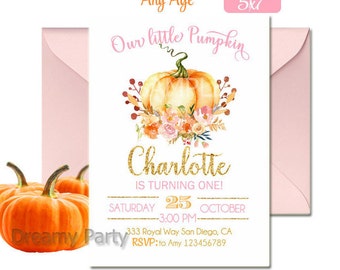 Pumpkin Birthday Invitation,Little Pumpkin Birthday Invitation, Pumpkin first birthday invitation,Fall Birthday Invitation,Digital File.