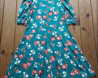 Vintage 80's M teal green floral red tulip 1/4 sleeve swing dress