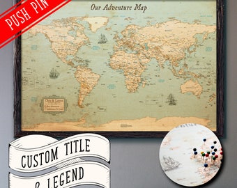 World Map Push Pin Rustic Style 13x19" | Customizable Pin Board Mounted on 3/16" Foam Board | Rustic Style Old Wall Map | Adventure Map
