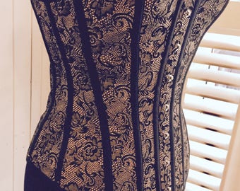 Sample .. Pale Silver Pink Brocade Mid-bust steel boned corset - Size UK 12